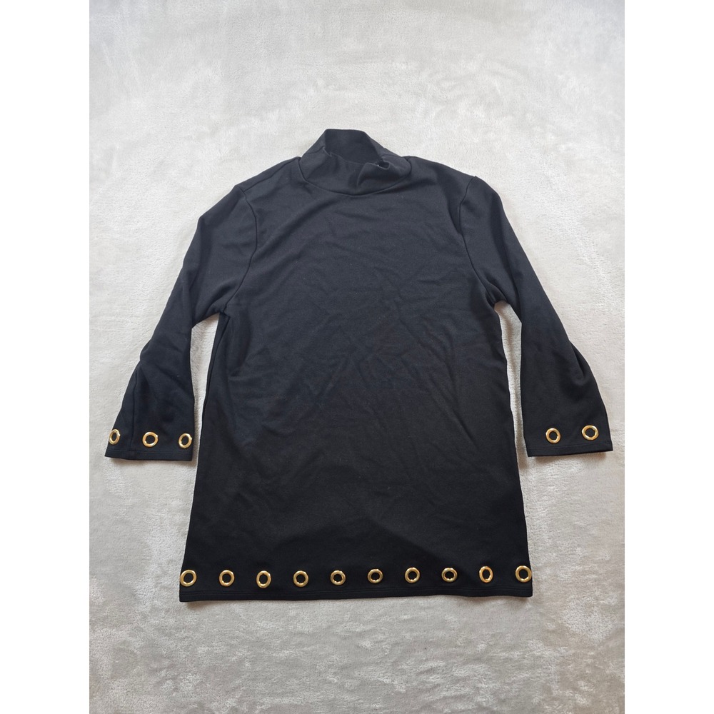 Chico's Shirt Blouse Womens Size 0 Black Mock Neck Gold Grommet